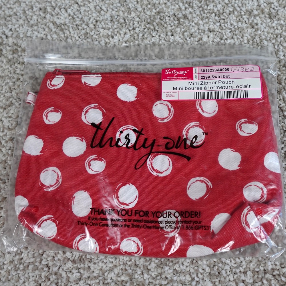 Thirty-One Mini Zipper Pouch Swirl Dot Red White Canvas 3013229A0000